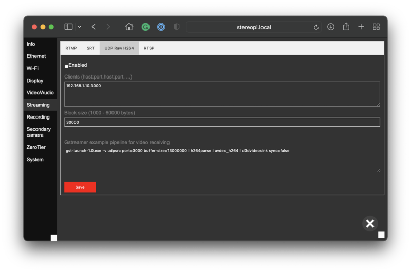 Device settings, Streaming, RAW H264