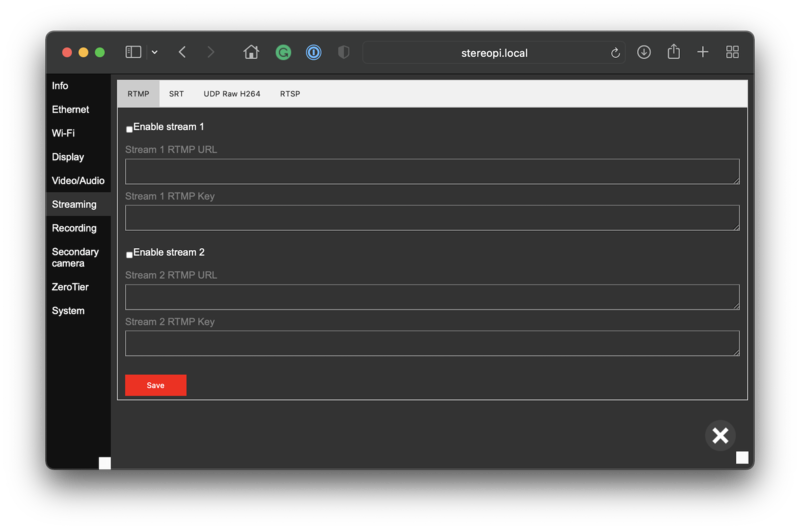 Device settings, Streaming, RTMP tab