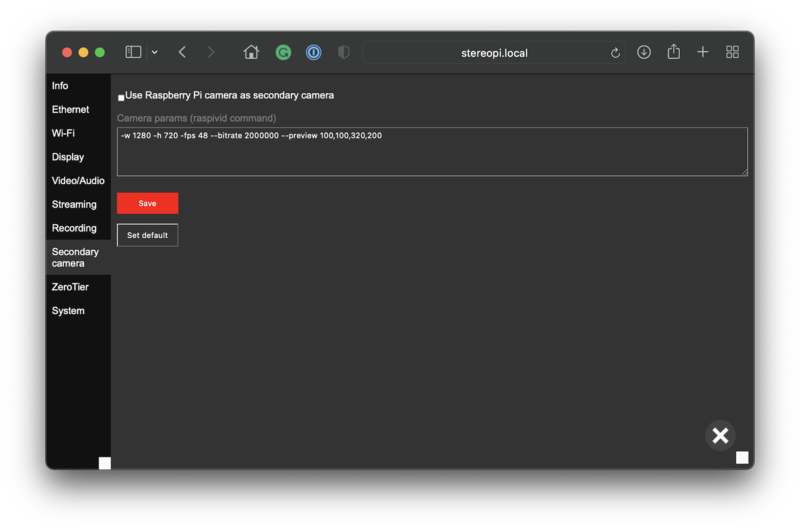 Device Settings, Secondary Camera tab